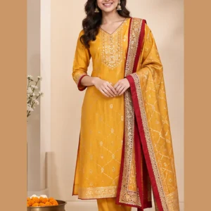 Zariya Mustard Dola Silk Jacquard Kurta Set with Dupatta