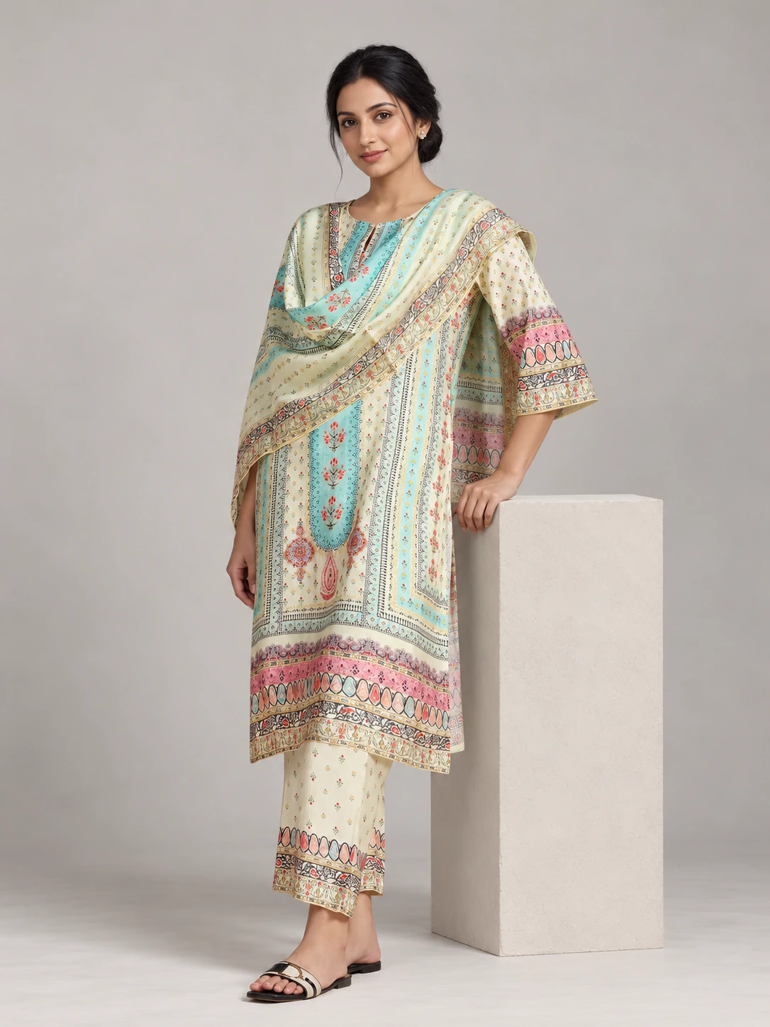 beige-floral-poly-viscose-kurta-set
