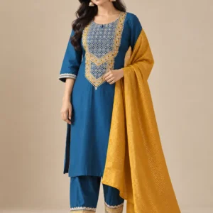 Aarohi Teal Chanderi Embroidered Kurta Set with Mustard Jacquard Dupatta