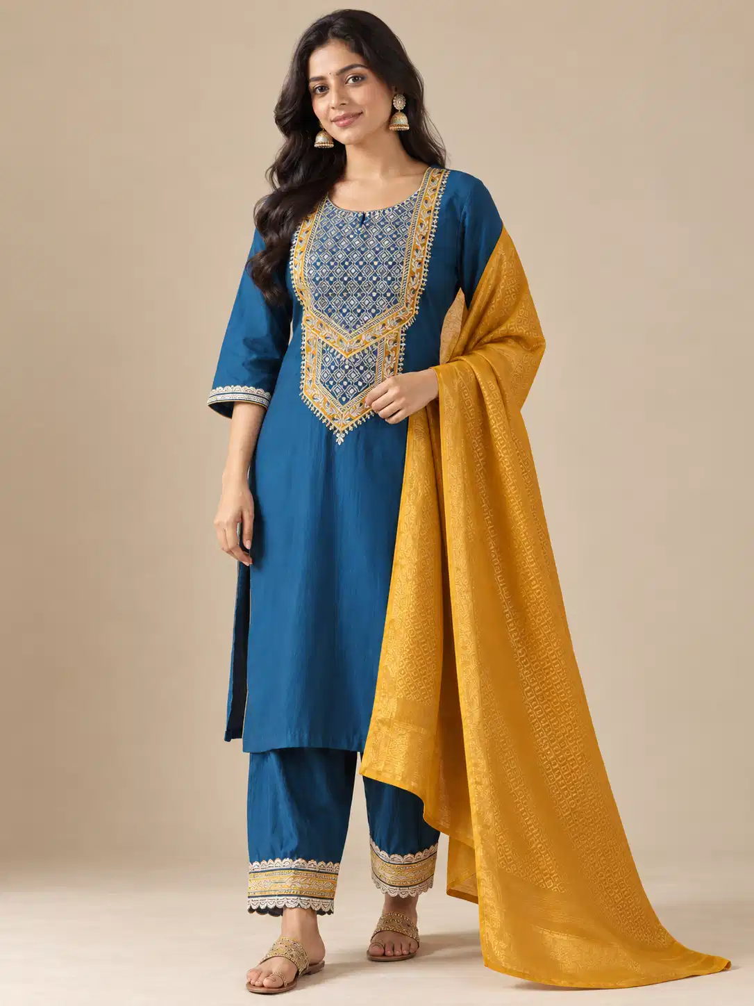 shree-aarohi-teal-chanderi-embroidered-kurta-set-with-mustard-jacquard-dupatta