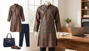 Brown patterned kurta on a mannequin beside navy trousers, a handbag and a loafer in an office setting