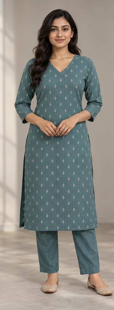 Front view of The Teal Everyday Buti Kurta Set