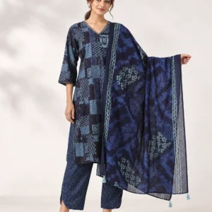 Neelika Indigo Cotton Printed Kurta Set with Dupatta