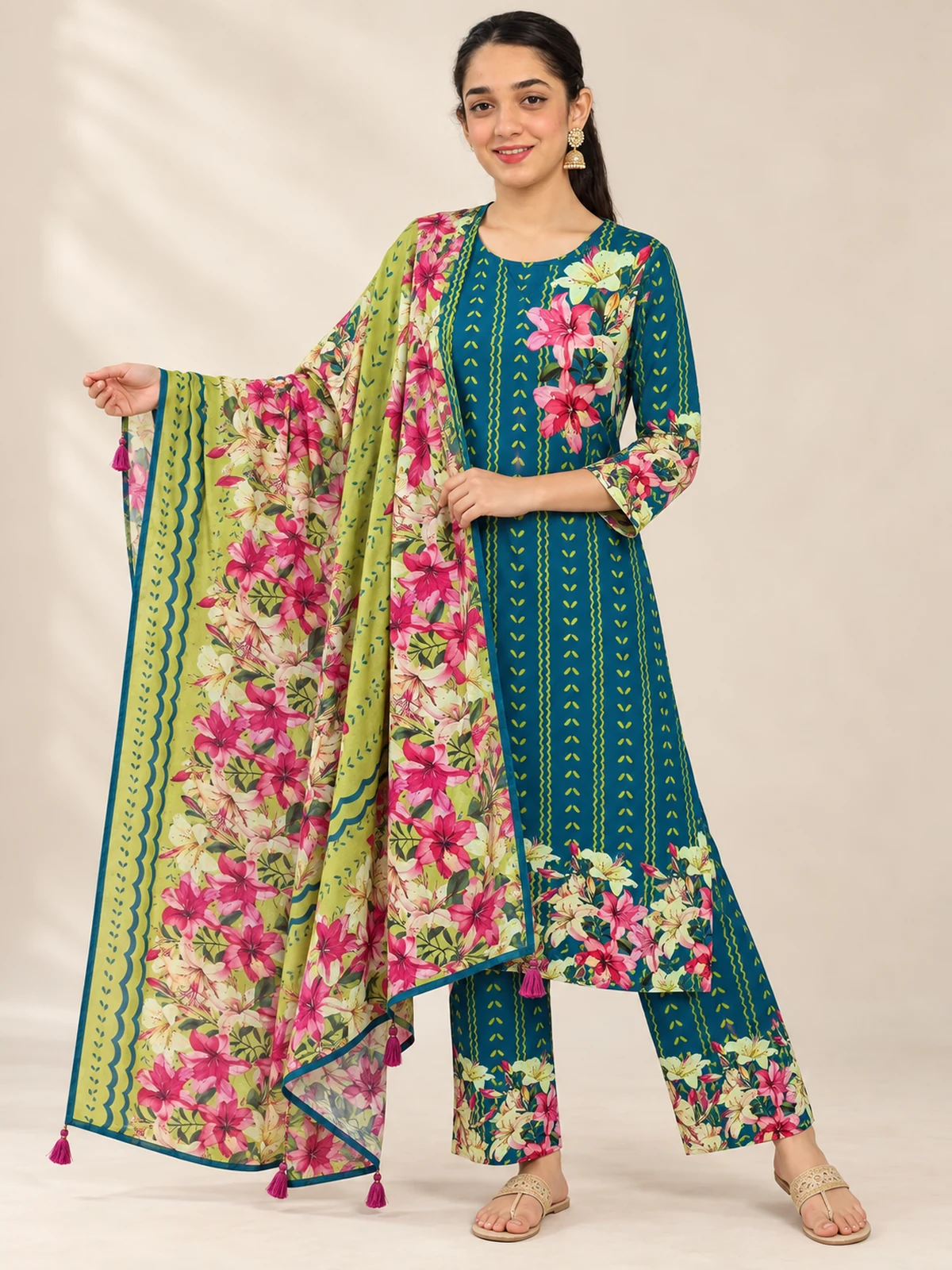 lily-teal-floral-kurta-set-with-dupatta